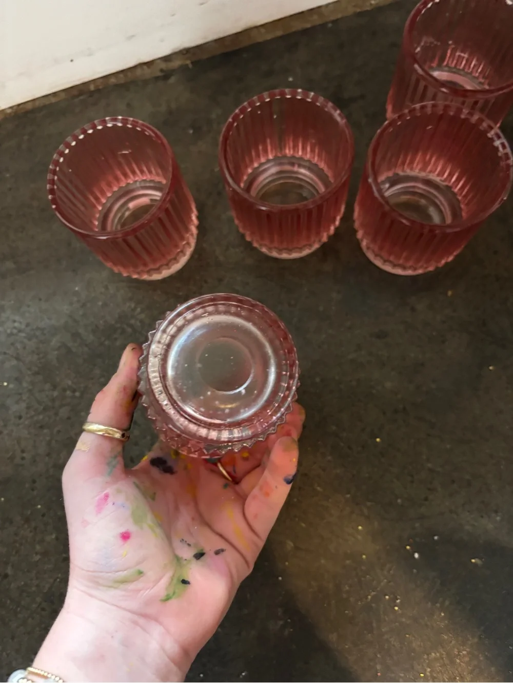 Pink Ribbed Glass Tumbler cups - Set of 5